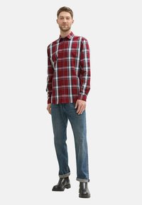 Red and blue plaid button-up shirt made of cotton, paired with rolled cuff denim jeans and black leather boots.