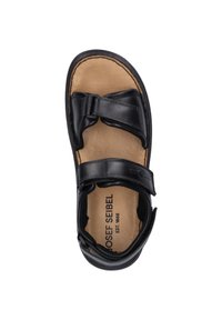 Sandalo in pelle nera con soletta imbottita beige, caratterizzato da un design a doppia fascia e chiusura in velcro regolabile per il massimo comfort.