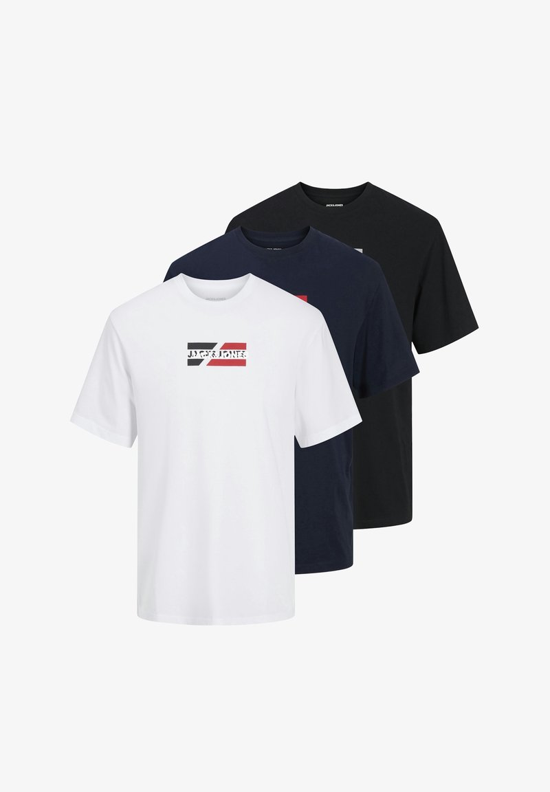 Three T-shirts: white, dark navy, and black. Cotton fabric, crew neck design, short sleeves, with a printed logo on the white shirt.