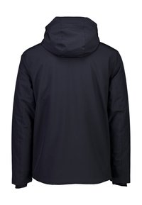 Svart huva jacka med en slät yta, färdiga sömmar och justerbar huva. Långa ärmar med manschettdetaljer.