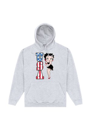 Szara bluza z kapturem z kolorową grafiką postaci z napisem "USA" w czerwono-niebieskich kolorach, otoczona paskami i gwiazdkami. Kaptur z regulowanym sznurkiem.