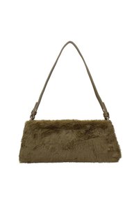 Olijfgroene nepbont schoudertas met een rechthoekige vorm, verstelbare schouderband en zachte textuur. Heeft een glad, onversierd oppervlak.