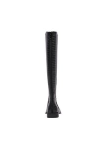 Cizme negre până la genunchi din piele ecologică, cu un model de crocodil, având un fermoar la spate și un toc pătrat mic.