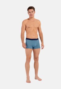 Costumi da bagno a fantasia blu con una vita scura, realizzati in un materiale elastico. Presentano un design geometrico nei colori chiari.