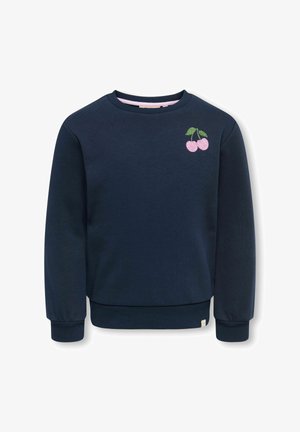 Sweat-shirt bleu marine à manches longues avec poignets et ourlet côtelés, ornée d'une petite broderie cerise rose avec des feuilles vertes sur la poitrine.