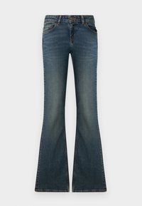 Flared denimjeans i mørkeblå vask med en lett glans. Har lommer og kontraststing. Hemlinjen flares ut ved underbenet.
