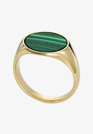 Goldener Ring mit einem ovalen grünen Malachitstein mit natürlichen dunklen und hellgrünen Streifen, glatt polierte Oberfläche.