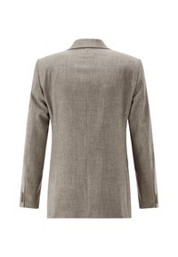 Hellgraue Anzugjacke aus strukturiertem Gewebe. Verfügt über einen Reverskragen, lange Ärmel und Knopfdetails an den Ärmelabschlüssen.