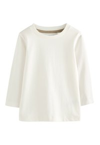 Haut léger à manches longues en coton doux de couleur blanc cassé. Présente un col rond classique et des lignes simples et épurées sans ornements.