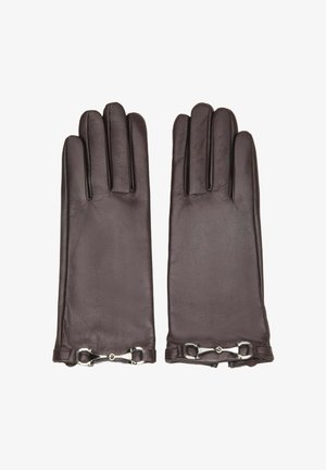 Bruine leren handschoenen met een gladde textuur, rechte vingers en zilverkleurige accenten bij de pols.