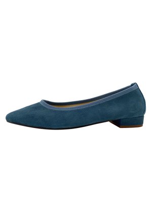 Teal suede ballerina flat with a pointed toe, soft upper, and a low block heel. The design features a contrasting blue trim along the opening.