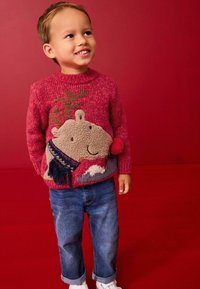 Pull en tricot rouge avec un motif de renne texturé, présentant un motif d'animal fluffy beige, associé à un jean en denim bleu et des baskets blanches.