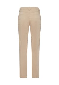 Pantalons beiges à coupe droite, en tissu lisse. Comprend deux poches arrière et des passants de ceinture à la taille.