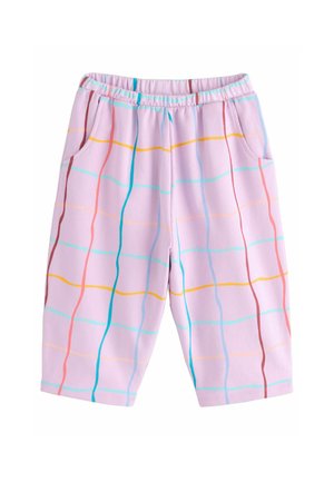 Shorts lavande avec une taille élastique, des poches avant et des rayures ondulées verticales et horizontales multicolores dans des tons pastels.