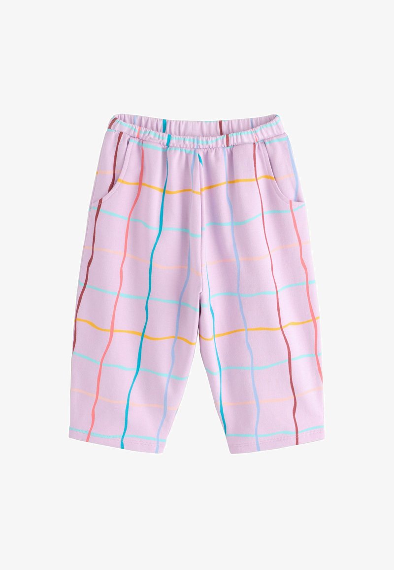 Pantaloni corti lavanda con vita elasticizzata, tasche frontali e strisce ondulate verticali e orizzontali multicolori in tonalità pastello.
