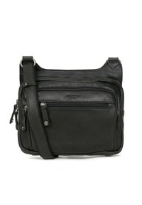 Borsa a tracolla in pelle nera con più scomparti con cerniera, tracolla regolabile e superficie liscia. Presenta dettagli in metallo color argento.