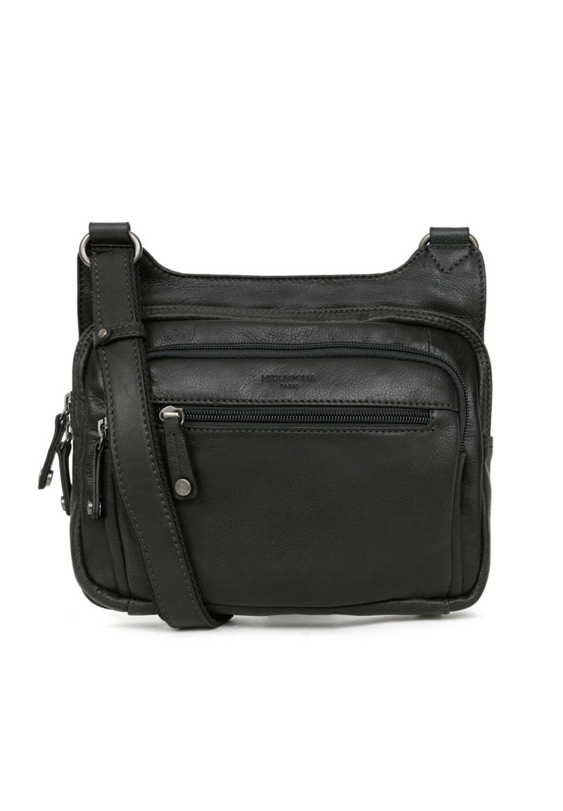 Borsa a tracolla in pelle nera con più scomparti con cerniera, tracolla regolabile e superficie liscia. Presenta dettagli in metallo color argento.