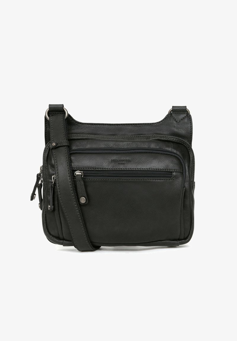 Borsa a tracolla in pelle nera con più scomparti con cerniera, tracolla regolabile e superficie liscia. Presenta dettagli in metallo color argento.