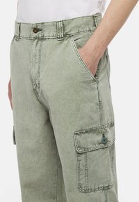 Světlé zelené cargo kalhoty s bočním klopovým kapsou a knoflíkem, nošené jednou rukou ležérně v přední kapse.