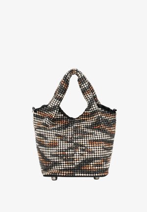 Borsa a tracolla con perline, con base in tessuto nero, caratterizzata da un motivo di accenti metallici argentati, dorati e di rame. Manico corto e attorcigliato.