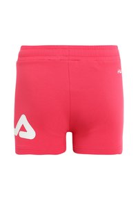 Rosa träningsshorts med elastisk midja, tillverkade av mjukt tyg. Har en vit logotyp på vänster ben och en slät textur.