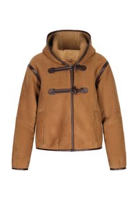 Bruine leren jas met een capuchon, schapenvachtvoering, houten knopen voor sluiting en contrasterende donkerbruine accenten op de randen en naden.