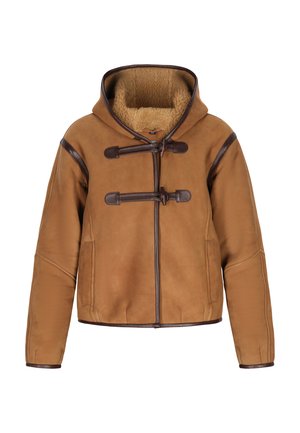 Smeđa kožna jakna s kapuljačom, podstavljena ovsenom runom, s kopčanjem na kopče i kontrastnim tamnosmešnim detaljima na rubovima i šavovima.