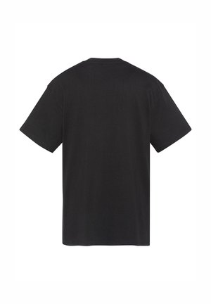 Schwarzes kurzärmeliges T-Shirt ohne Muster, Rückansicht, mit Rundhalsausschnitt und ohne sichtbare Logos oder Designs.