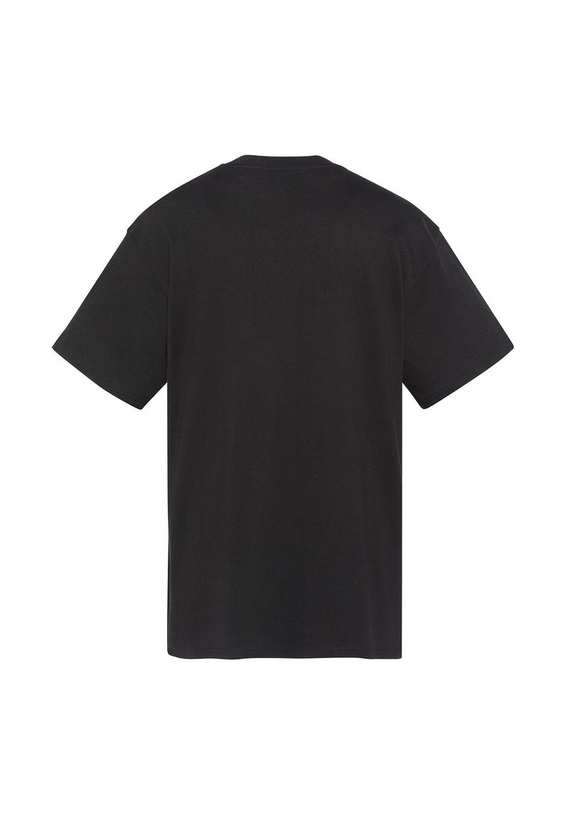 T-shirt noir uni à manches courtes, vu de dos, avec un col rond et sans logos ni motifs visibles.