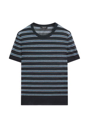 Sort striktrøje med korte ærmer med horisontale hvide og blå striber og rund halsudskæring fra Massimo Dutti.