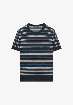 Zwart gebreide trui met korte mouwen, horizontale witte en blauwe strepen en een ronde hals, van Massimo Dutti.