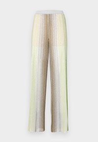 Παντελόνια με φαρδιά πόδια και κατακόρυφες ρίγες σε παστέλ αποχρώσεις του πράσινου, του χρυσού και του λευκού. Κατασκευασμένα από υφασμάτινο υλικό με υφή και λαμπερή επιφάνεια, με ελαστική μέση.