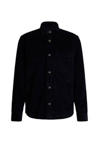 Camicia di velluto a coste navy con maniche lunghe, aperture con bottoni sulla parte frontale e una tasca singola sul petto. Tessuto testurizzato con righe verticali.