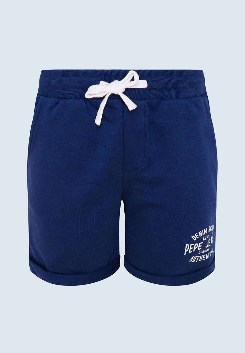 Shorts décontractés bleu marine avec taille à cordon blanc et ourlets roulés, avec logo et texte Pepe Jeans blancs sur la jambe gauche.