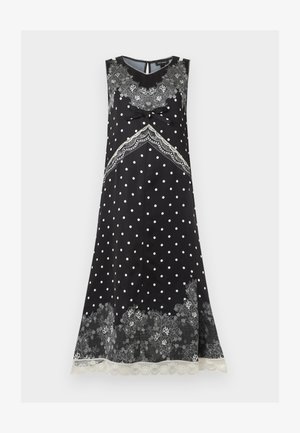 Μαύρο φόρεμα χωρίς μανίκια με λευκές βούλες, λευκά λουλουδένια δαντελένια σχέδια, μαύρο φιόγκο στο στήθος και δαντέλα στο τελείωμα.