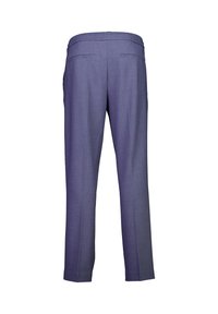 Räätälöidyt siniset housut, joissa on joustava vyötärönauha ja kaksi takana olevaa läppätaskua, valkoista taustaa vasten.