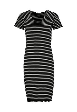 Black and white horizontally striped short-sleeve knee-length dress with a round neckline and ruffled hem and sleeve edges.
