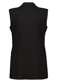 Zwarte mouwloze blazer met een gestructureerde kraag en achterste tailleringen voor een goede pasvorm. Gemaakt van gladde stof, met een schone, minimalistische uitstraling.