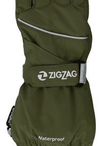 Vattentäta gröna handskar med elastiskt manschett, justerbart band och vitt logodetalj. Tillverkade av texturerat, väderbeständigt material.