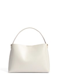 Helle graue Ledertasche mit glatter Oberfläche, geschwungenem oberen Griff und minimalistischem Design. Verfügt über dezente Nähte und einen Reißverschluss.