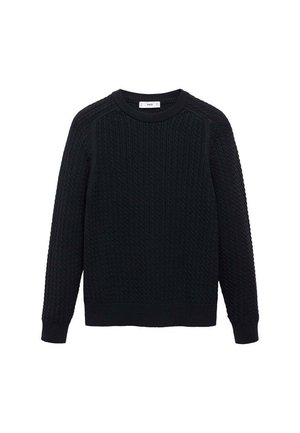 Zwart gebreid sweater met een gestructureerd patroon, ronde halslijn en lange mouwen. Ribgebreide manchetten en zoom voegen detail toe aan het ontwerp.