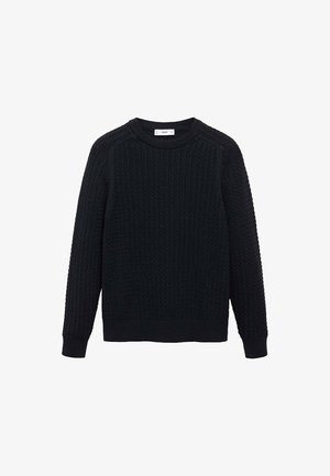 Zwart gebreid sweater met een gestructureerd patroon, ronde halslijn en lange mouwen. Ribgebreide manchetten en zoom voegen detail toe aan het ontwerp.