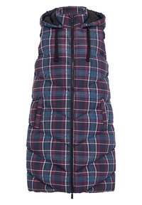 Prošívaná bezrukávová bunda s kapucí, která má vzor v námořnické modré, burgundy a tyrkysové barvě, s předním zipem a bočními kapsami.