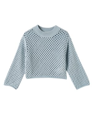 Hellblauer Strickpullover mit einem lockeren, cropped Design, rundem Ausschnitt und offener Textur sowie Ärmeln in mittlerer Länge.