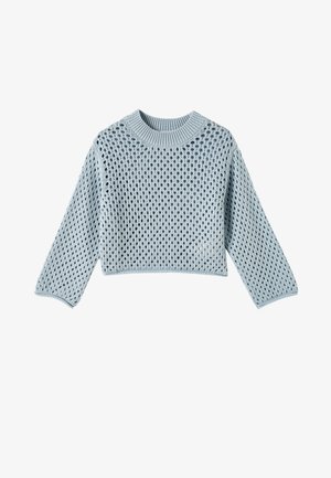 Hellblauer Strickpullover mit einem lockeren, cropped Design, rundem Ausschnitt und offener Textur sowie Ärmeln in mittlerer Länge.