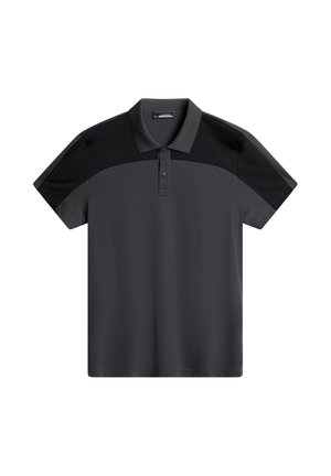 Ciemnoszara koszulka polo z krótkim rękawem i dwiema guzikami. Posiada kontrastujące czarne górne panele oraz gładki, lekki materiał.