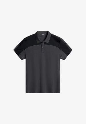 Ciemnoszara koszulka polo z krótkim rękawem i dwiema guzikami. Posiada kontrastujące czarne górne panele oraz gładki, lekki materiał.