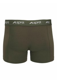 Tamno maslinasto zelene bokserice odjednom glatke teksture s bijelim logotipom branda na elastičnoj traci. Ima moderni, prilagodljivi dizajn.