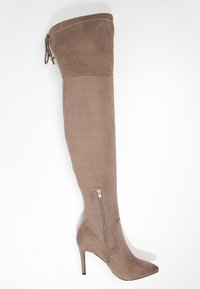 Bota hasta la rodilla de ante taupe con punta puntiaguda y tacón de aguja. Incluye una cremallera lateral y detalle de costura decorativa.