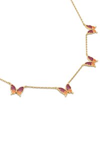 Collar de oro con múltiples colgantes de mariposas, cada uno con detalles de esmalte en púrpura y naranja, unidos por una delicada cadena.